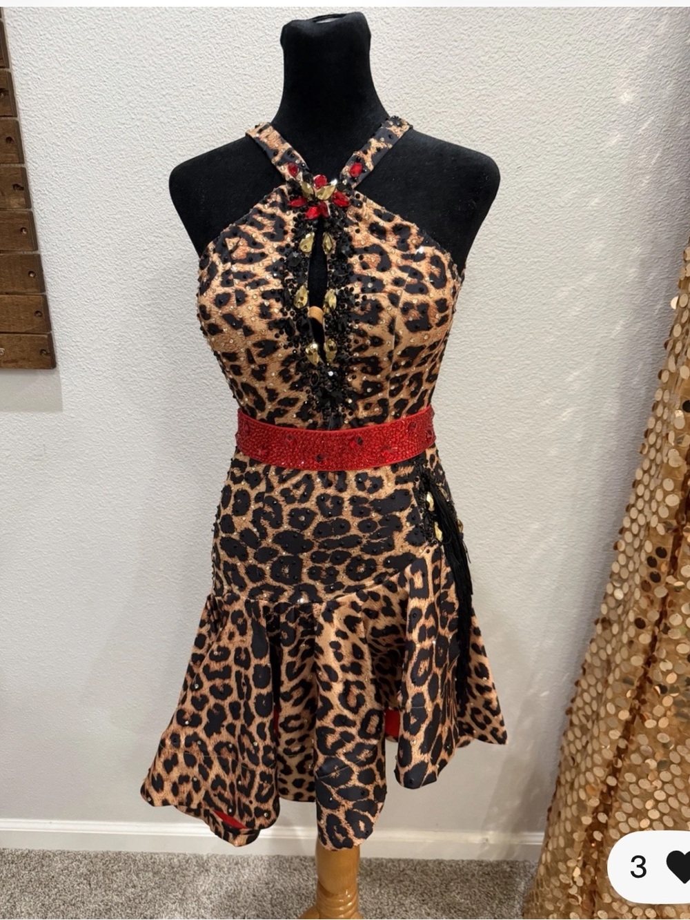 Leopard Print Ballroom Latin Dance Dress with Red Accents